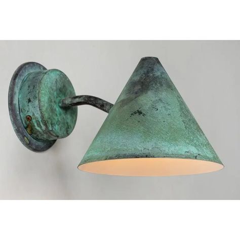 Hans-Agne Jakobsson 'Mini-Tratten' Verdigris Patinated Outdoor Sconces - a Pair | Chairish Exterior Wall Light Fixtures, Patina Wall, Mid Century Outdoor, Patio Lamp, Wall Pendant, Green Patina, Exterior Wall Light, Copper Lighting, Outdoor Sconces