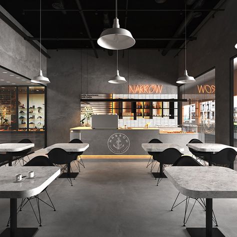 Black Cafe Interior, Microtopping Floor, Industrial Cafe Interior Design, Industrial Coffee Shop Design, Industrial Coffee Shop, Coffee Shop Interior, Industrial Cafe, Small Coffee Shop, White Cafe