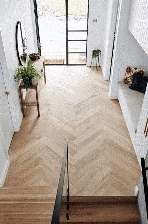 Flooring Ideas Parquet, Oak Flooring Herringbone, Parquetry Flooring Herringbone, Timber Flooring Living Room, Timber Flooring Ideas, Oak Herringbone Floor Hallway, Timber Floor Living Room, Living Room Parquet Floor, Light Oak Parquet Flooring