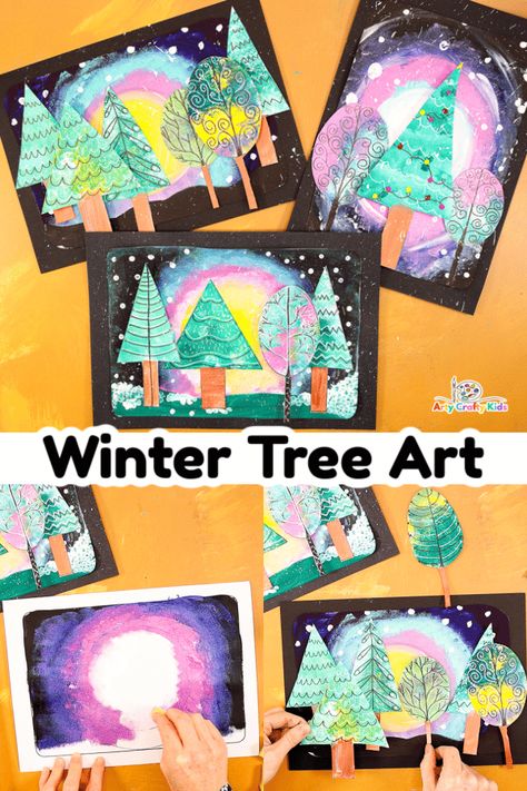 Winter Tree Art, Easy Art Ideas For Kids, Tree Art Project, Unique Painting Ideas, Easy Art Ideas, Winter Art Lesson, Crafts Ideas For Kids, Easy Art For Kids, Xmas Art