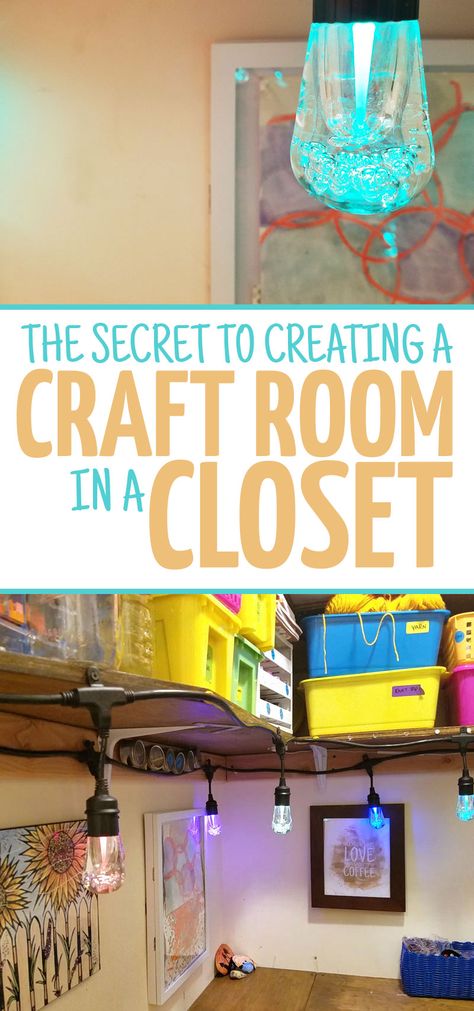 Check out the secret to making a craft room in a closet work - even though it's dark, claustrophobic, and, well, boring? This tip allows you to build a DIY craft room into a very small space such as a walk-in closet and still have it be functional - you'll love these craft room ideas especially for lighting! Sponsored by @Jascoproducts Enbrighten #ColorCafeLights Quilting Storage, Small Closet Organization Diy, Craft Room Lighting, Craft Room Ideas On A Budget, Basement Craft Rooms, Sewing Closet, Organizing Office, Craft Room Closet, Craft Closet Organization