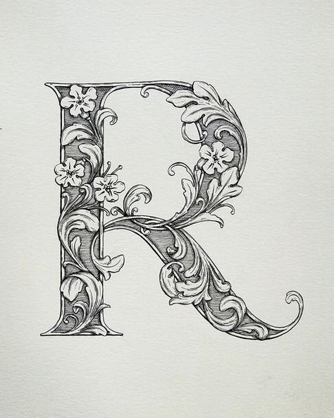 Letter Sketches Alphabet, Calligraphy R, Victorian Lettering, Gothic Calligraphy, Rings Diy, Wedding Crest, Gothic Fonts, Illumination Art, Fancy Letters