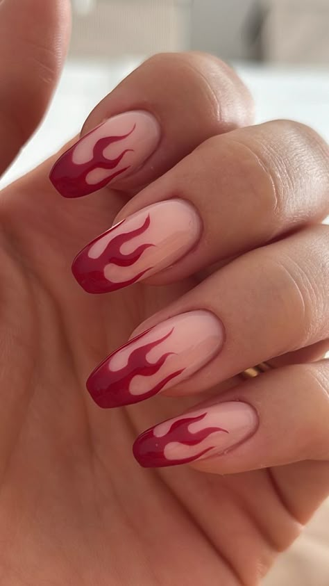 Easy Flame Nails, Red Lightning Nails, Flame Nails Square, Angry Nails, Red Flame Nail Designs, Fire Design On Nails, Nail Flame Design, Fire Design Nails, Flame French Tip