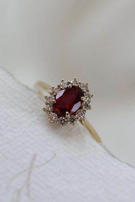 Ruby Engagement Ring Aesthetic, Red Ruby Wedding Ring, Engagement Rings Halo, Red Engagement Ring, Nice Rings, Nontraditional Engagement Rings, Ruby Wedding Rings, Green Flag, Pretty Engagement Rings