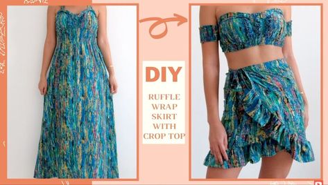 Diy Bandeau Top, Top Thrift Flip, Diy Wrap Skirt, How To Make Ruffles, How To Make A Ruffle, Wrap Skirt Sewing Pattern, Refashion Dress, Pool Party Dresses, Ruffle Wrap Skirt