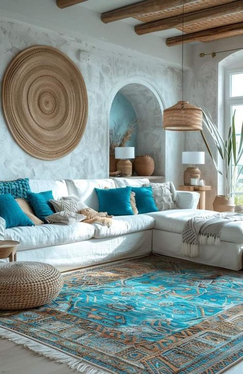 Coastal Moroccan Decor, Coastal Boho Living Room Decor, Serene Living Room Ideas, Sea House Interior, Turquoise Rug Living Room, Beach House Interior Living Room, Beach Living Room Decor, Boho Coastal Living Rooms, Ocean Living Room