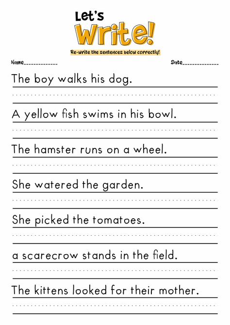 1st Grade Worksheets Writing, Writing Sentences Worksheets Kindergarten, Practice Sentences For First Grade, Grade 2 Sentence Writing, Sentence Worksheets Kindergarten, 1st Grade Sentence Writing Worksheets, Simple Sentences Worksheet Grade 2, Writing For Kindergarten Worksheets, Sentence Copying Free Printable