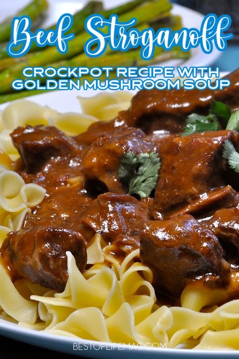 Easy Beef Stroganoff Crockpot, Golden Mushroom Soup Recipes, Slow Cooker Stroganoff, Crockpot Stroganoff, Crock Pot Stroganoff, Stroganoff Slow Cooker, Stroganoff Crockpot, Beef Stroganoff Recipes, Beef Mushroom Stroganoff