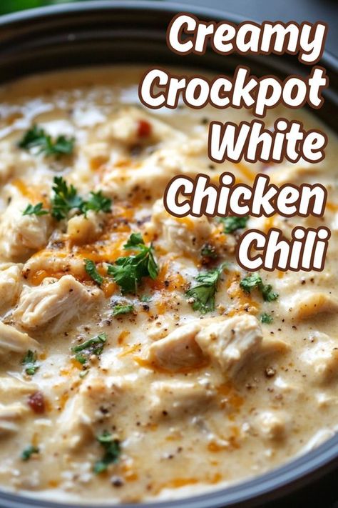 Savor the rich, comforting flavors of our Creamy Crockpot White Chicken Chili! This easy crockpot recipe combines tender chicken, creamy beans, and zesty spices for a delicious meal that cooks while you relax. Perfect for busy weeknights, it’s healthy, packed with protein, and family-friendly. Try this hearty dish today—save the pin and visit our site for the full recipe! White Bean Chicken Chili Recipe Crockpot, Slow Cooker Creamy White Chicken Chili, Slow Cook White Chicken Chili, White Chicken Chili Crockpot Recipes Cream Cheese, Chicken And White Bean Chili Crock Pot, Canned Chicken White Chili, Rotisserie White Chicken Chili Crock Pot, Cooking Classy White Chicken Chili, Chicken Bean Soup Crockpot