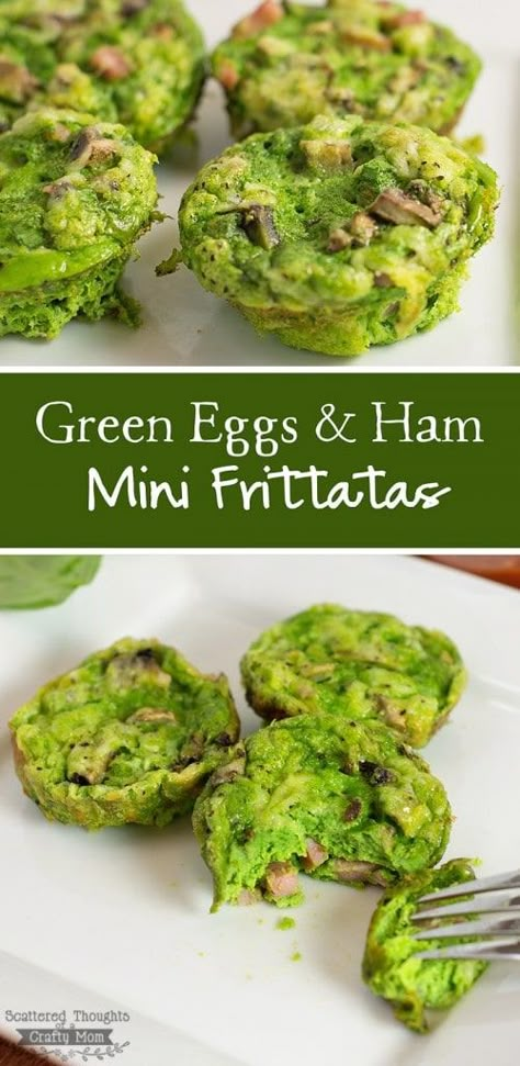 Green Eggs And Ham Recipe, St Patricks Food, Sant Patrick, Mini Frittatas, Mini Frittata, Ham Breakfast, Green Egg Recipes, Ham And Eggs, St Patricks Day Food