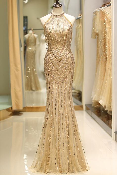 Mermaid High Neck Gold Beaded Long Formal Evening Dress Prom Dresses Gold, Gold Dresses Long, Evening Dress Outfit, Gold Glitter Dress, डिजाइनर कपड़े, Gold Formal Dress, Mermaid High, Gold Evening Dresses, Gold Prom