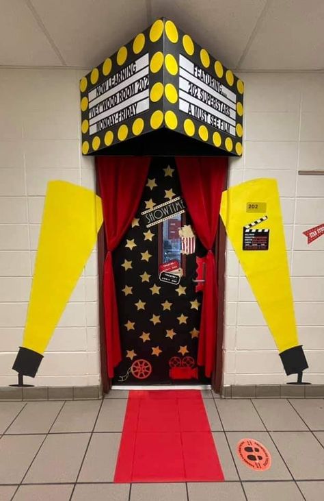 Broadway Party Decorations Diy, Movie Themed Classroom Door, Hollywood Door Decorations Classroom, Hollywood Movie Premiere Party, Hollywood Hallway Theme, Red Carpet Door Decorations, Movie Themed Door Decorations, Theatre Decor Ideas, Broadway Classroom Theme