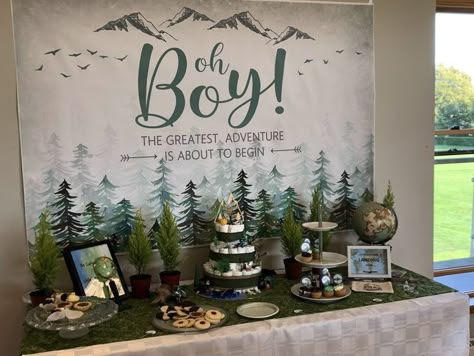 Wood Land Baby Shower Ideas Boy, Mountain Shower Theme, Adventure Theme Baby Shower Ideas Boy, Our Adventure Begins Baby Shower Theme, Rustic Woodland Baby Shower Ideas, Outdoor Adventure Baby Shower Theme, Wilderness Theme Party, Baby Shower Mountain Theme Boy, Outdoorsy Baby Shower Theme