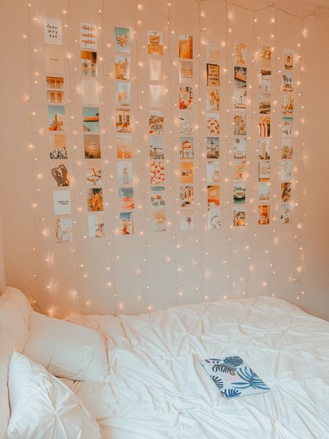 Pictures On Fairy Lights, Photo Wall Collage Bedroom With Lights, Wall Collage With Fairy Lights, Photo Wall Collage Bedroom Polaroid, Picture Wall Ideas Bedroom With Lights, String Lights Bedroom With Pictures, Fairy Light Polaroids, Picture Wall Fairy Lights, Fairy Lights Picture Wall