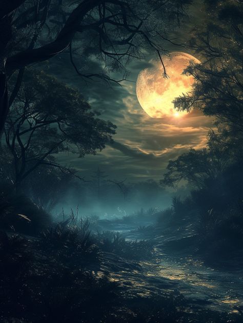 Moon Images Beautiful, Light In The Dark Aesthetic, Forest In The Night, Enchanted Forest Art, Moonlight Forest, Meandering Path, Forest Digital Art, Ethereal Forest, Eye Makeup Guide