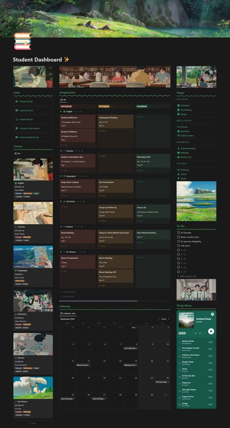 Aesthetic Studio Ghibli Themed Student Notion Planner Template, Highschool College University Notion School Header Notion, Class Schedule Notion, Notion Ideas Student, Anime Notion Template, Notion School Templates, Notion Schedule, Notion University Template, College Notion Template, Schedule Notion Template