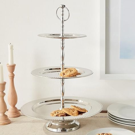 Amazon.com | Elegance 3-Tier Beaded Buffet Serving Stand, Silver, Large: Home Decor Gift Packages: Platters Large Home Decor, Serving Stand, Perfume Display, Gift Packages, Tea Bar, Serving Piece, Plate Size, Tiered Cake Stand, New Vintage