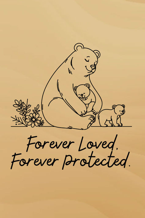 A tender moment frozen in time, illustrating the unbreakable bond between a mother and her precious cubs. A heartwarming scene of a mother bear tenderly embracing her cubs. Mothers day, mom, mommy, mama, mothers day gift, mama bear, best mama, mama gifts Mama Bear Two Cubs Tattoo, Animal Mom Tattoo, Momma Bear Tattoo Cubs, Mom Bear And Cubs Tattoo, Mother Bear Tattoo, Mama Bear Drawing, A Mothers Love For Her Son, Momma Bear Quotes, Mama Bear And Cubs Tattoo