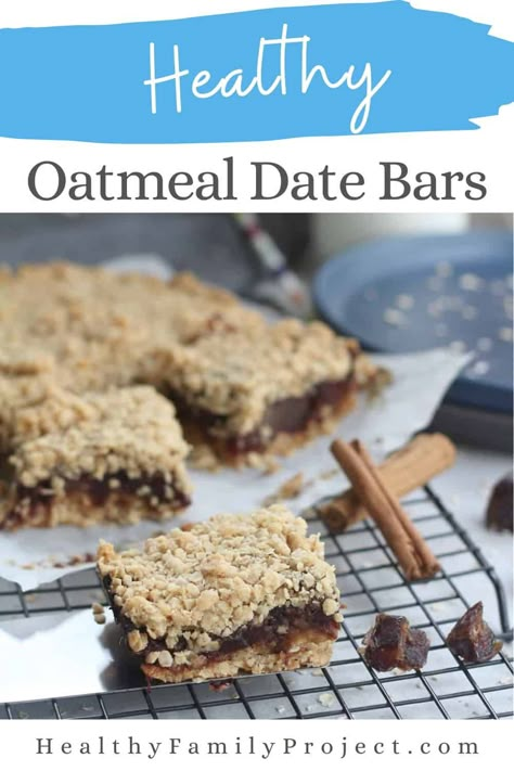 Healthy Oatmeal Date Bars | These healthy oatmeal date bars are prepped in just 10 minutes and ready to enjoy in less than an hour. | Healthy Family Project #datebars #oatmealbars #breakfastrecipes Oatmeal Date Bars Recipe, Oatmeal Date Bars Recipe Healthy, Oatmeal Date Bars, Date Bars Oatmeal, Gf Oatmeal Breakfast Bars, Date Bars Healthy, Date Recipes Medjool Healthy, Healthy Date Bars, Pregnancy Date Recipes