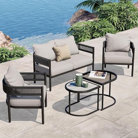 Grand patio 5-Piece Outdoor Conversation Set, Woven Wicker, Steel Frame, with Olefin Cushions and Nested Table, Patio Furniture for Backyard, Beige Modern Outdoor Sofas, Wicker Patio Furniture Set, Outdoor Furniture Set, Outdoor Conversation Sets, Patio Sofa Set, Outdoor Wicker Furniture, Backyard Spaces, Wicker Patio Furniture, Wicker Sofa