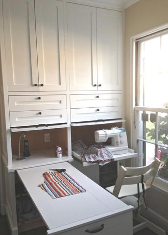 Craft Built Ins, Craft Room Built In Storage, Built In Sewing Center, Built In Sewing Machine Table, Sewing Table In Bedroom, Pull Out Sewing Table, Pull Out Craft Table, Murphy Table Craft Room, Murphy Craft Table Storage