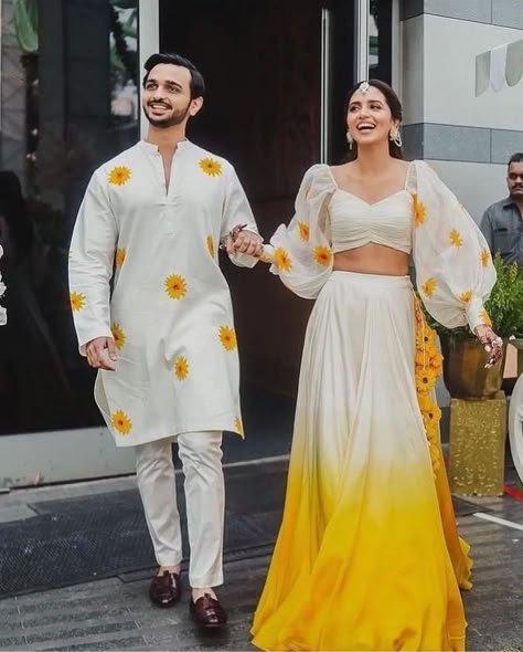 Outfits That Made Us Stop And Ask 'Who Is The Designer?' | WedMeGood Haldi Dress Ideas For Sisters, Haldi Outfits For Bride, Haldi Dress For Bride, Haldi Dress Ideas, Haldi Outfit For Bride, Outfits For Couples, Haldi Ceremony Outfit, Haldi Dress, Haldi Outfits