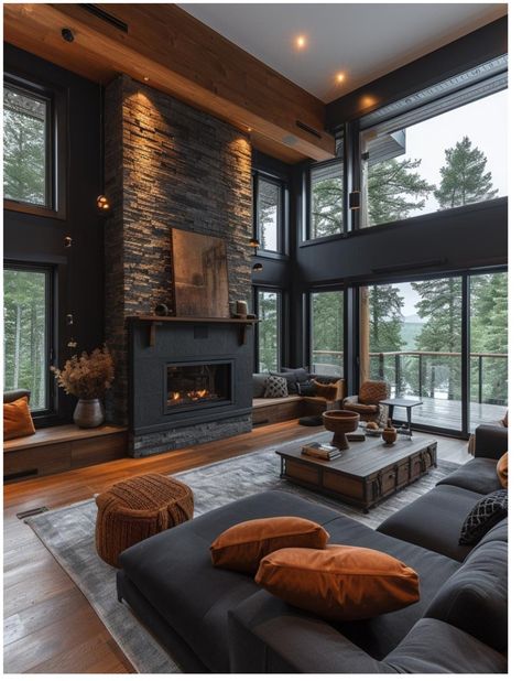 Open Window House, Industrial Style Fireplace, Barndo Living Room Ideas, Black Barndominium Interior Ideas, Mountain Lodge Living Room, Moody Farmhouse Living Room, Dark Modern Living Room, Modern Lodge, Wood Interior Design