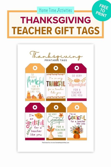 Free printable Thanksgiving teacher gift tags. These printable tags can add a special touch to any gift you plan to give your teachers this year. You can attach these tags to homemade gifts, homemade cookies, store-bought gifts, or pretty much anything. Get the printable Thanksgiving teacher tags at www.hometimeactivities.com. Fun Fall Activities For Kids, Cookies Store, Thanksgiving Teacher Gifts, Free Printable Thanksgiving, Thanksgiving Gift Tags, Halloween Teacher Gifts, Teachers Thanksgiving, Fall Activities For Kids, Free Printable Crafts