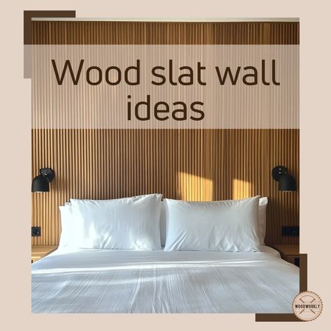 Wood slat wall ideas Slat Wall With Crown Molding, Slat Feature Wall Bedroom, Slat Wall Backsplash, Wood Panel Decor Ideas, Home Office Slat Wall, Slat Board Wall Ideas, Vertical Wood Slat Wall Bedroom, Half Slat Wall Bedroom, Wooden Slat Wall Bedroom