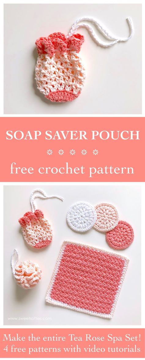 Free crochet pattern: Soap Saver Pouch from the Tea Rose Spa Set! This collection of reusable eco-friendly vegan (100% cotton) skin care essentials and spa tools includes a crochet face scrubby (make up remover pad) bath pouf (loofah body scrubber) soap saver pouch (soap holder bag) and facial washcloth (towel). All designs are quick and easy and suitable for beginners. #sweetsofties #yarn #art #craft #crochet #diy #tutorial #pattern #free #cute  #beginner #beginners #gift #crochetideas #easy #a Spa Tools, Crochet Soap Saver, Cotton Crochet Patterns, Soap Pouches, Crochet Scrubbies, Craft Crochet, Confection Au Crochet, Crochet Faces, Crochet Washcloth