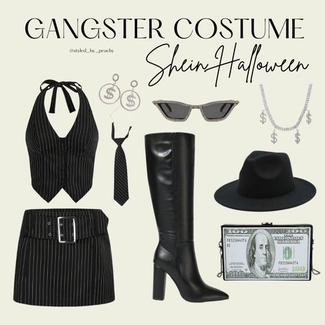 gangster halloween costume mobster diy halloween inspo shein afforable halloween costume ideas Gangster Woman Costume, Suit Halloween Costume Women, 1920s Mobster Woman, Mafia Style Women Gangsters, Gangster Costume Womens, Mobster Costume Female, Mafia Costume Womens, Peaky Blinders Halloween Costume Women, Mafia Halloween Costumes