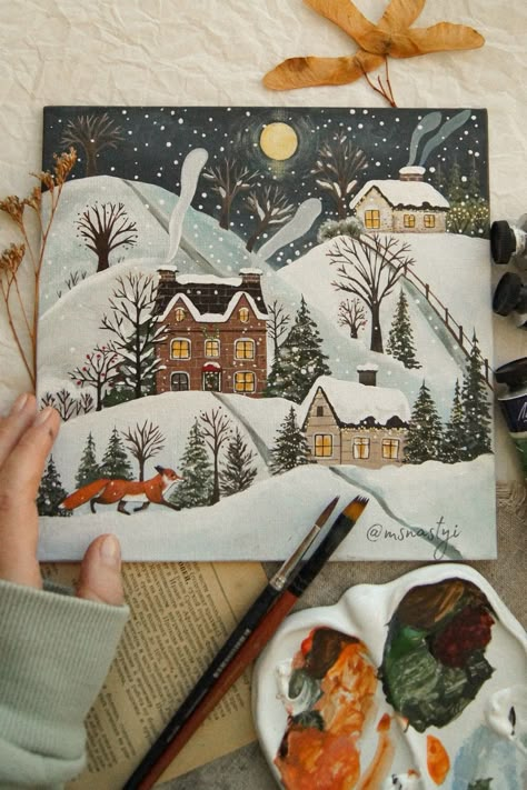 Winter Drawings, Christmas Canvas Art, Christmas Card Art, Winter Painting, Christmas Canvas, Christmas Drawing, Winter Art, Christmas Paintings, Art Inspiration Painting