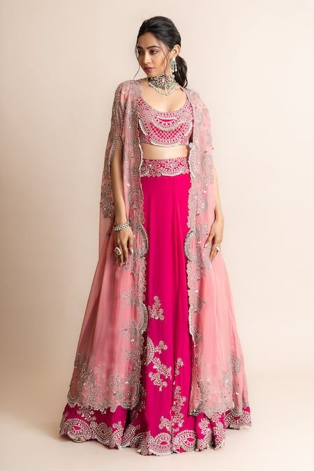 Buy Fuchsia Organza- Georgette Embroidery Floral Lehenga With Long Cape For Women by Nupur Kanoi Online at Aza Fashions. Nupur Kanoi, Modern Lehenga, Cape Lehenga, Baju Kahwin, Cape For Women, Dupatta Style, Mirror Work Lehenga, Georgette Skirt, Indian Outfits Lehenga