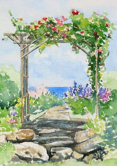 pergola fleurie Flower Garden Watercolor, Watercolor Flower Garden, Garden Watercolor Painting, Maine Garden, Funny Vine, Maine Art, Garden Watercolor, Landscape Watercolor, Watercolor Paintings Easy