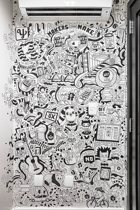 Mural Art for Startaê on Behance Mural Dinding Art, Wall Doodle Art Bedroom, Wall Art Doodle, Doodle Bookmarks, Wall Sketch, Vodka Packaging, Doodle Wall, Wall Art For Office, Posca Markers