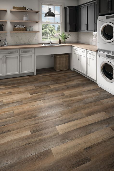 Tile Flooring Wood Look, Farmhouse Flooring Kitchen, Wood Looking Laminate Flooring, Cool Brown Flooring, Oak Cabinet Kitchen Flooring, Vinyl Waterproof Flooring, White Kitchen With Brown Floors, Lowe’s Flooring, Walnut Lvp Floors