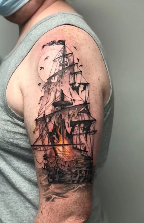 Pirate Ship Half Sleeve Tattoo, Burning Boats Tattoo, Boat On Fire Tattoo, Ship On Fire Tattoo, Burn The Boats Tattoos, Ship Tattoos For Men, Burning Ship Tattoo, Ship Wreck Tattoo, Burn The Ship Tattoo