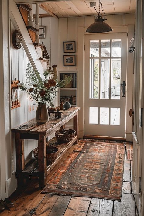 Cottagecore Entryway Ideas - Quiet Minimal Vintage Entrance Hall, Cozy Home Entrance, Cozy Homestead Aesthetic, Minimal Cozy Aesthetic, Cottage Cozy Home Aesthetic, Warm Cottagecore Aesthetic, Antique House Aesthetic, Rustic Home Aesthetic, Granny Core Aesthetic Home