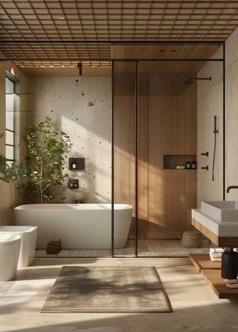 Biophilic Bathroom, Asian Zen Interior Design, Zen Interior Design, Modern Zen Bathroom, Japanese Bathroom Design, Asian Bathroom, Organic Modern Bathroom, Japandi Bathroom, Elegant Bathroom Ideas