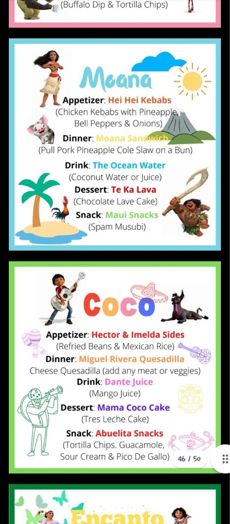 Disney Themed Movie Night Snacks, Disney Dinner Recipes From Movies, Cinderella Menu Ideas, Fun Menu Ideas, Moana Movie Night Dinner, Disney Dinner Themes, Easy Disney Dinner Recipes, Ratatouille Movie Night Food, Disney Food Recipes Movies Dinner