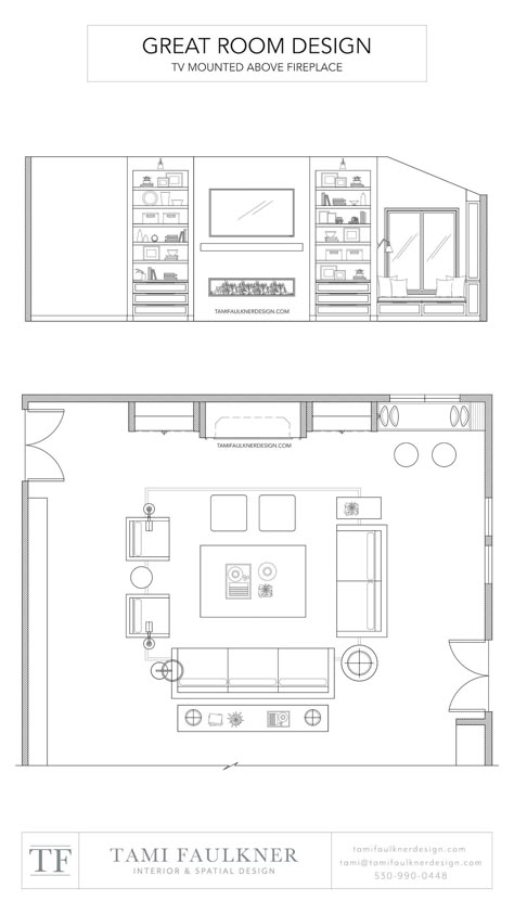 MOUNTING A TV ABOVE A FIREPLACE - YES OR NO? — Tami Faulkner Design Tv Room Floor Plan, Living Room Plans Layout, Plan Section Elevation Drawings Of House, Living Room Plan And Elevation, Home Interior Layout Plan, Living Room Floor Plans With Fireplace, Great Room Dimensions, Interior Design Autocad, Interior Design Drawings Floor Plans