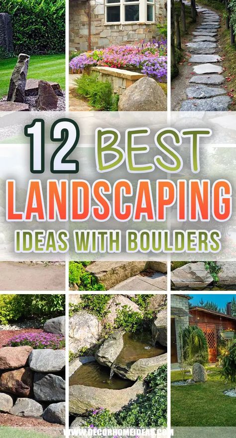 Garden With Big Rocks, Landscape With Boulders Front Yard, Big Rocks In Landscaping Flower Beds, Landscaping Around Large Rock, Natural Rock Landscaping Ideas, How To Use Large Rocks In Landscaping, Rocky Yard Landscaping, Rock Boulders Landscaping, Landscape Features Focal Points