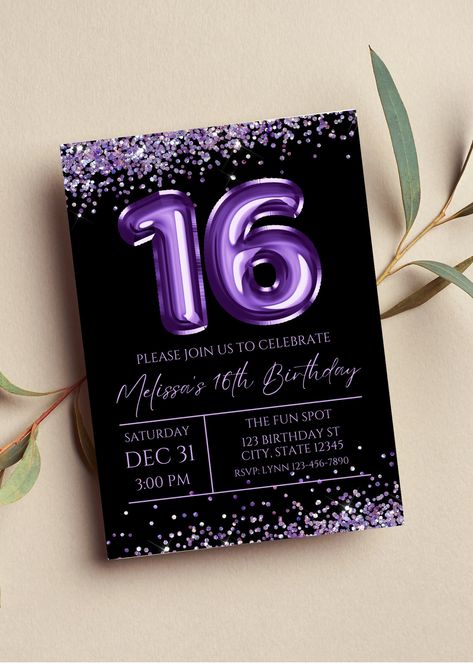 Sweet 16 Purple, Invitation Sweet 16, Purple Birthday Invitations, Purple Sweet 16, Euphoria Party, Purple Birthday Party, Sweet Sixteen Birthday Party Ideas, Sweet 16 Themes, 16 Invitations