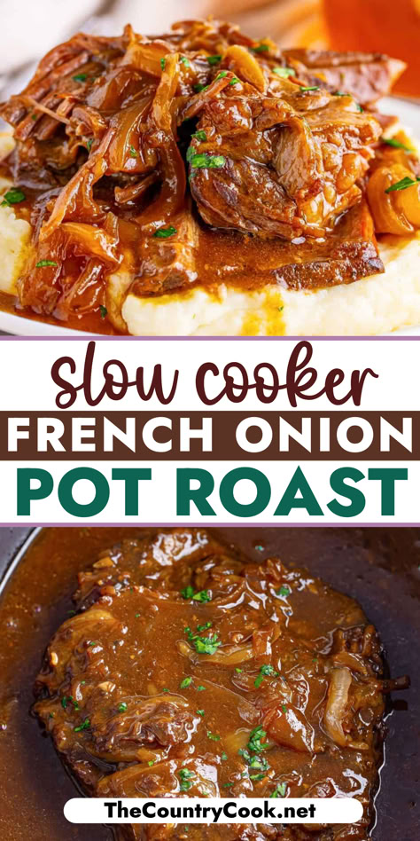 This Slow Cooker French Onion Pot Roast is easy to make and so flavorful. It just falls apart and melts in your mouth! What's not to love? Easy Crockpot Recipes Pot Roast, Red Wine Braised Pot Roast Slow Cooker, Dinner Ideas With Beef Roast, Crock Pot Beef Pot Roast, Slow Cooker English Roast, Pot Roast With Cabbage, Pot Roast Natashas Kitchen, French Onion Short Rib Soup Crockpot, Roast In The Crockpot Recipes