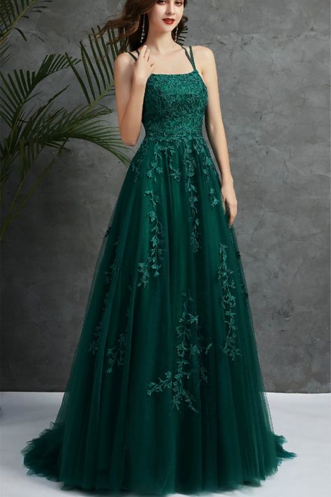 Open Back Dark Green Tulle Lace Long Evening Dress, Dark Green Lace Formal Dresses Dark Green Evening Dress, Prom Dress Dark Green, Prom Dress Dark, Green Evening Gowns, Green Evening Dress, Prom Dresses Long Lace, Green Tulle, Simple Prom Dress, Womens Prom Dresses