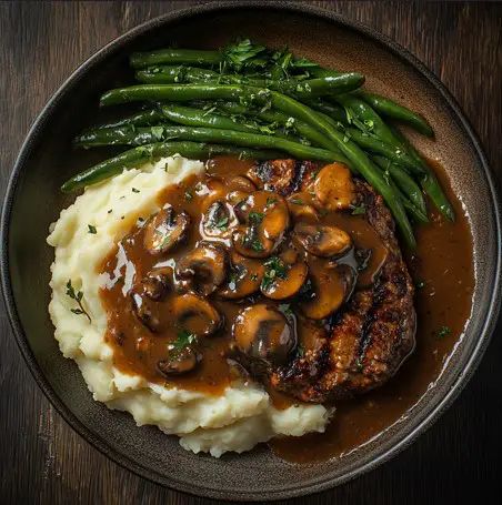 Bobby Flay Salisbury Steak – Naomi's Recipes Bobby Flay Steak, Mashed Potatoes And Green Beans, Smothered Pork Chops Recipe, Salisbury Steak Recipe, Potatoes And Green Beans, White Button Mushrooms, Big Dinner, Smothered Pork, Salisbury Steak Recipes