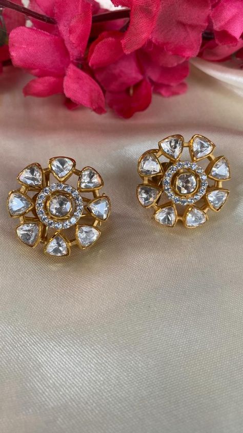 Moissanite Polki Earstuds From 'Jewels By Skuriti' • South India Jewels Cz Stone Necklace, Polki Sets, Antique Gold Earrings, Polki Earrings, Traditional Diamond, Polki Jewellery, India Jewelry, South India, Temple Jewellery