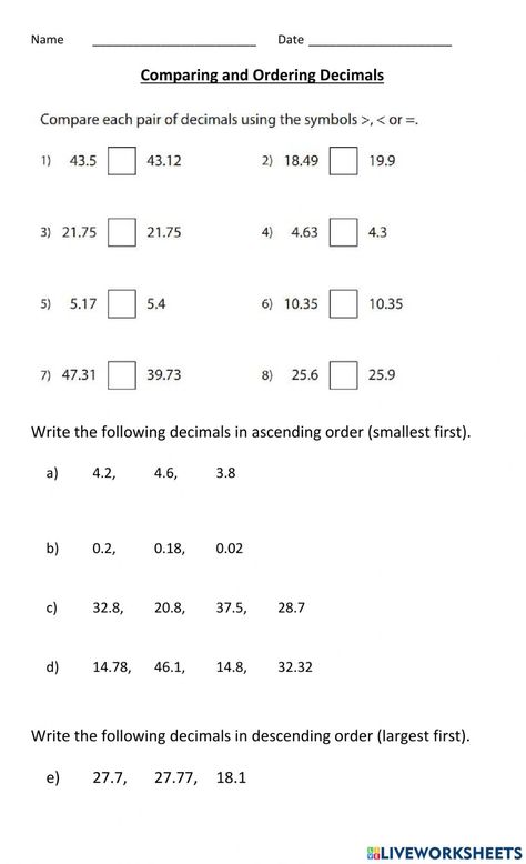 Decimals Worksheets 5th Grades, Decimal Worksheets For 4th Grade, Decimal Worksheets 5th Grades, Comparing Decimals Activities, Math Revision, Comparing And Ordering Decimals, Rounding Worksheets, Decimals Activity, Ordering Decimals