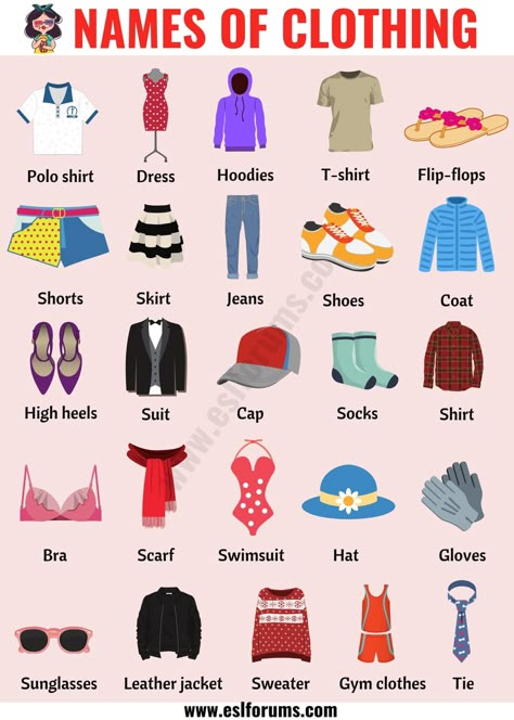 Types of Clothing: Useful List of Clothing Names with the Picture - ESL Forums Clothes Names, Clothes Images, English Clothes, Dress Sketch, Style Web, Dresses By Pattern, Dress Name, What Is Fashion, Dress Sketches