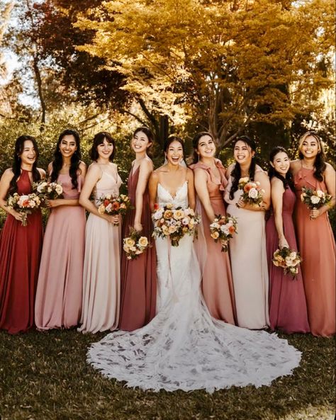 Rust And Blush Bridesmaid Dress, Mauve And Burnt Orange Wedding, Fall Pink Bridesmaid Dresses, Pink And Red Bridesmaids, Terracotta Pink Wedding, Deep Pink Bridesmaid Dresses, Blush And Rust Wedding, Pink And Blue Bridesmaid Dresses, Pink And Purple Bridesmaid Dresses